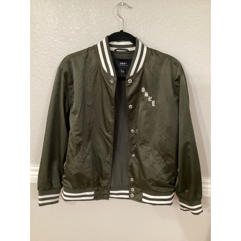 Obey Worldwide Olive Green Bomber Jacket Embroidered Cities Roses Womens Small - Picture 4 of 13